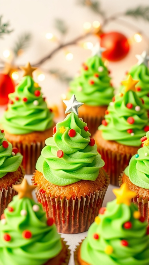 Festive Christmas Tree Cupcakes Recipe A plate of Christmas tree cupcakes with green frosting and festive decorations.